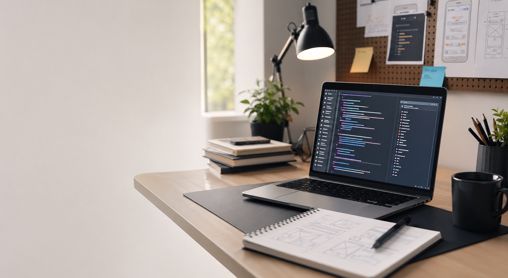 Modern developer workspace with a laptop, wireframe sketches, and planning notes